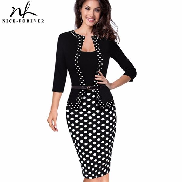 Nice-Forever One-Piece Faux Jacket Retro Contrast Polka Wear to Work Business Vestidos Office Bodycon Women Tubino B407 210331