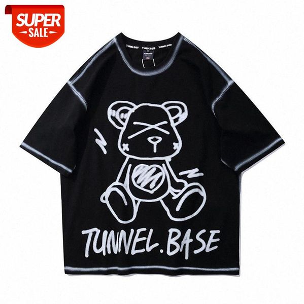 

american high street simple letter graffiti print t-shirt loose teddy bear line short-sleeved tee male #z01p, White;black