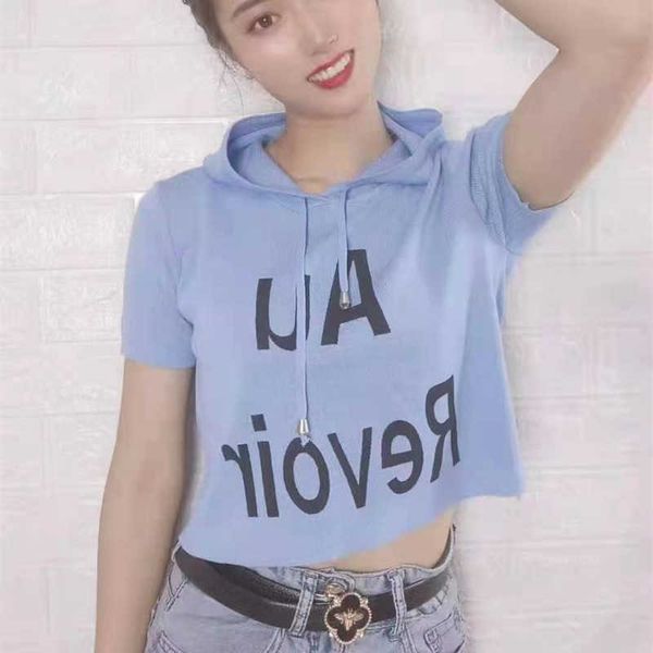 

style western summer hooded letter printed open navel short sleeve t-shirt, White