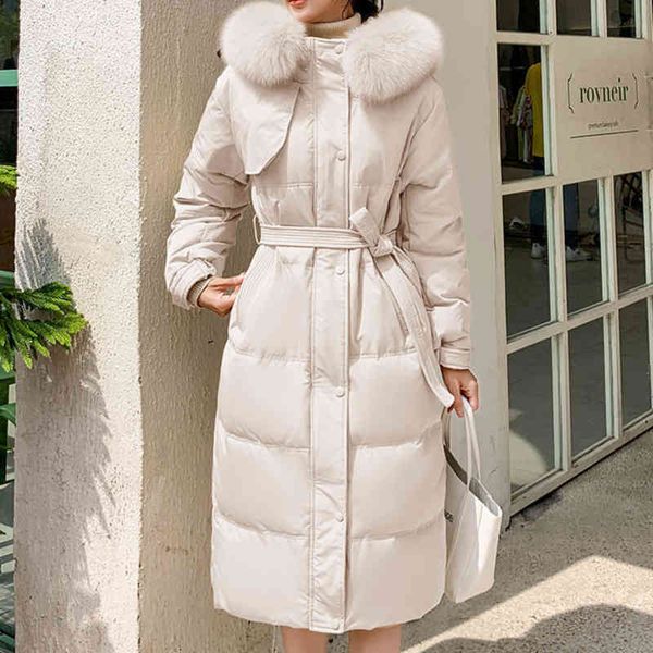 

women's duck feather et, medium length coat, made fur collar, elegant, tight, winter, Black