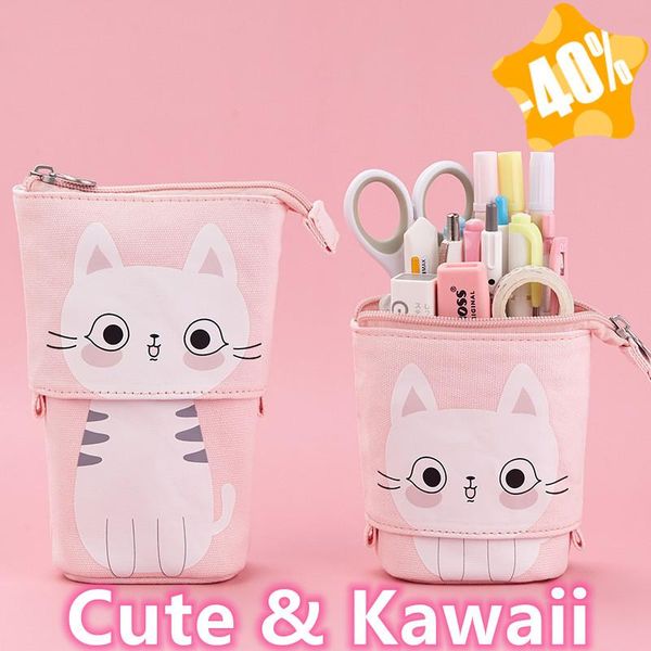 

storage bags dilate flexible big cat pencil case fabric quality school stationery gift cute pencilcase box multi-functional bag