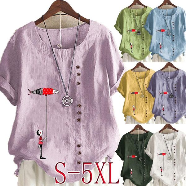 

women's t-shirt summer cartoon printed short sleeve round neck ladies casual linen shirts plus size blouse s-5xl, White