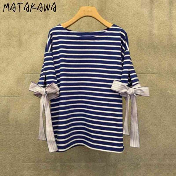 

matakawa bowknot short-sleeved woman tshirts summer fashion bottoming korean loose striped women's t-shirt 210513, Blue