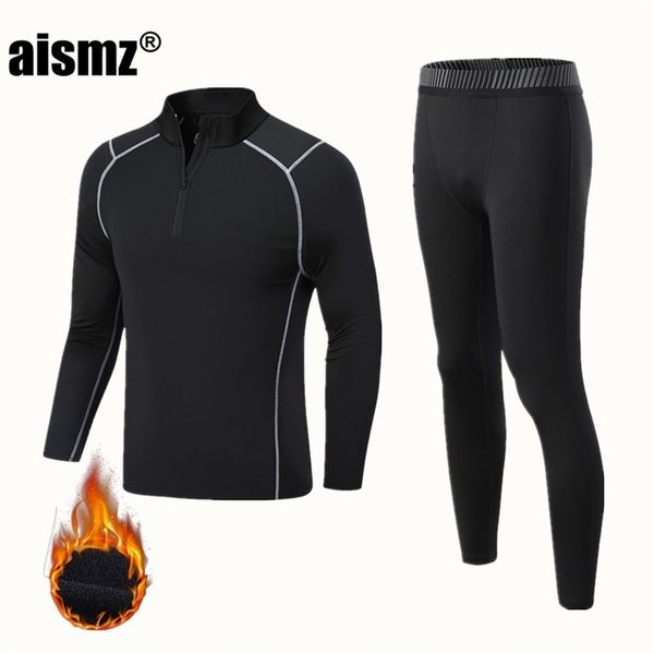 

aismz winter thermal underwear men & boy warm first layer sport rashgard fleece compression quick drying second skin long johns 211110, Black;white