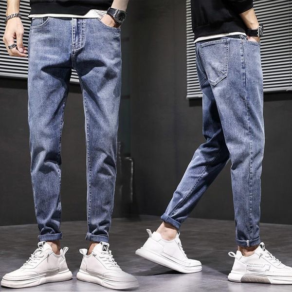 

men's jeans denim simple straight small feet pants trend young wild, Blue