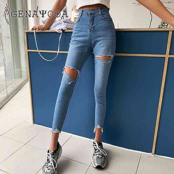 

genayooa women stretch ripped skinny high waist denim pants shredded ladies jeans korean style trousers slim jeggings 210417, Blue