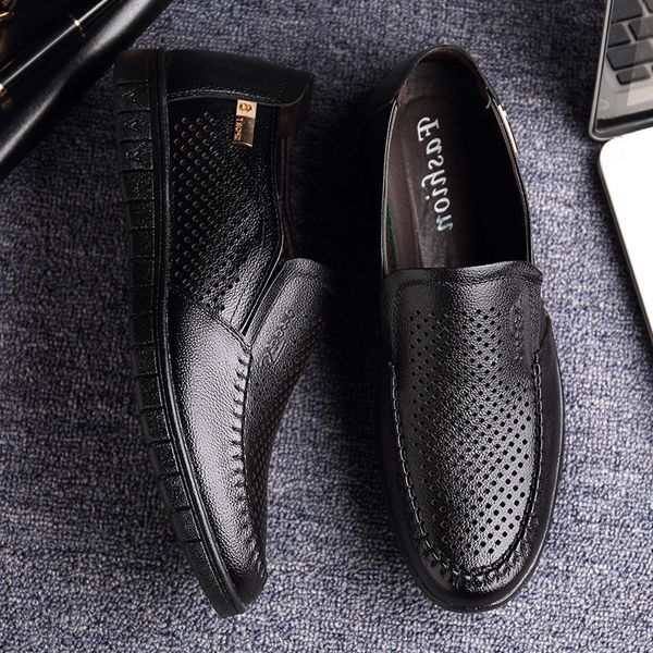 

leather summer new men's perforated casual shoes dad's single, Black