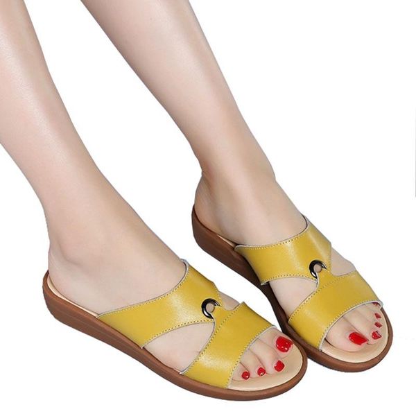 

slippers summer genuine leather open toe women's sandals shoes women elegant flat low heel flip flop slides, Black