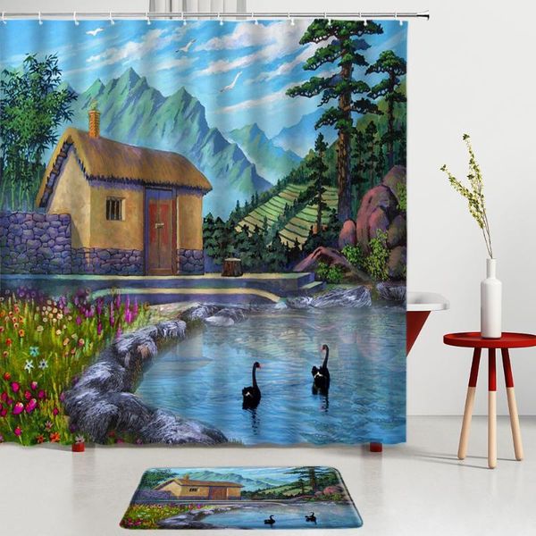

shower curtains oil painting landscape set natural scenery bath mat entrance door mats bathroom room decoration carpets