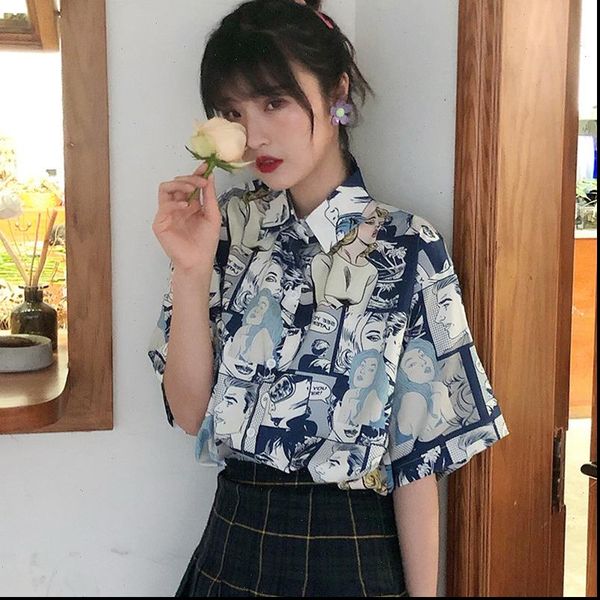 

womens blouses harajuku cartoon print summer punk loose short sleeve korean style ladies kawaii drop, White