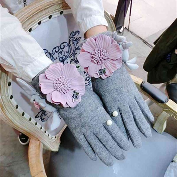 

gloves autumn and winter luxury korean rabbit flower bow lace letter thickened warm cashmere touch screen finger women, Blue;gray