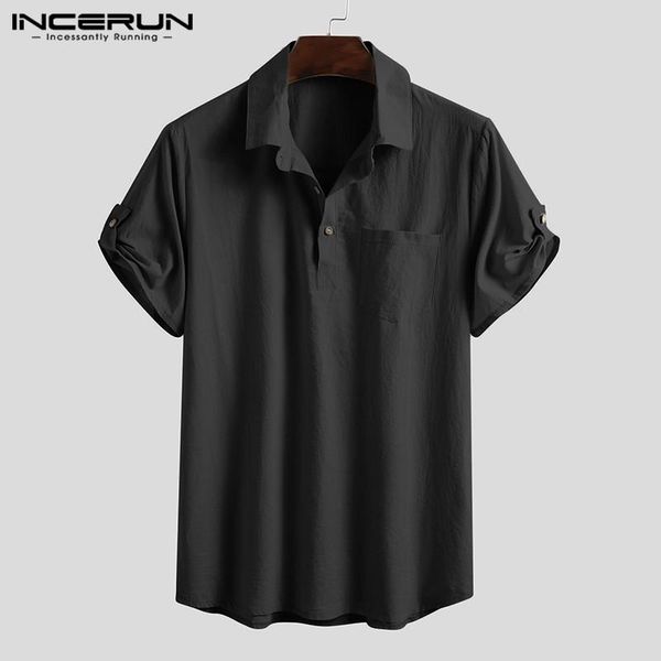

men's casual shirts incerun 2021 cotton men shirt brand short sleeve solid breathable blouse harajuku lapel streetwear camisa masculina, White;black