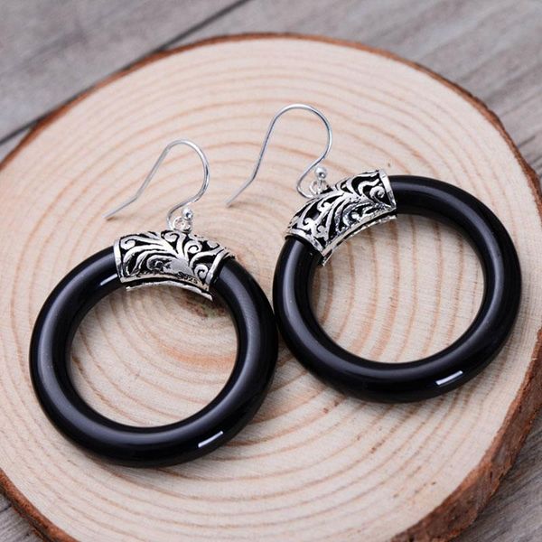 

hoop & huggie meibapj real s925 sterling silver retro thai atmosphere circle black agate earrings exquisite gift jewelry, Golden;silver