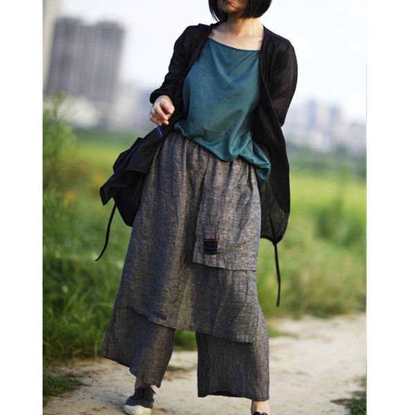 

women's pants & capris women loose spring autumn linen patchwork elastic waist wide leg ladies vintage flax irregular trousers 2021 sum, Black;white