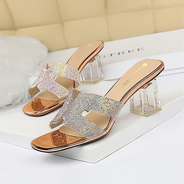 

slippers women high heels shoes rhinestone square toe slip on clear transparent heel sandals female outdoor beach footwear, Black