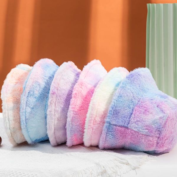

wide brim hats fashion tie-dyed plush bucket hat for women cute rainbow faux fur soft panama caps outdoor sun winter, Blue;gray