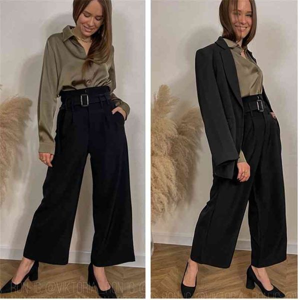 

lauri laki elegant straight pants women black office wear blazer plus size vintage wide leg trouser mujer chic 210915, Black;white