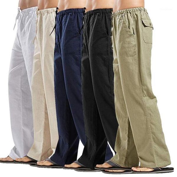 

summer men solid color linen multi-pocket straight casual pants plus large size breathable comfortable drawstring loose trousers men's, Black