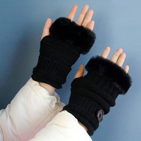

five fingers gloves 10 colors women plush faux fur knitting short mitten half finger winter keep warm fashion fingerless glove, Blue;gray
