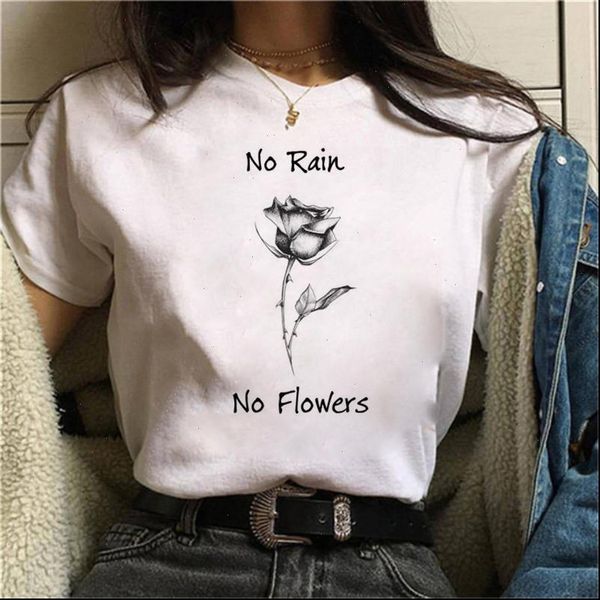 

no rain flowers casual womens t shirts short sleeve graphic tees 90s ulzzang flower plant print female, White