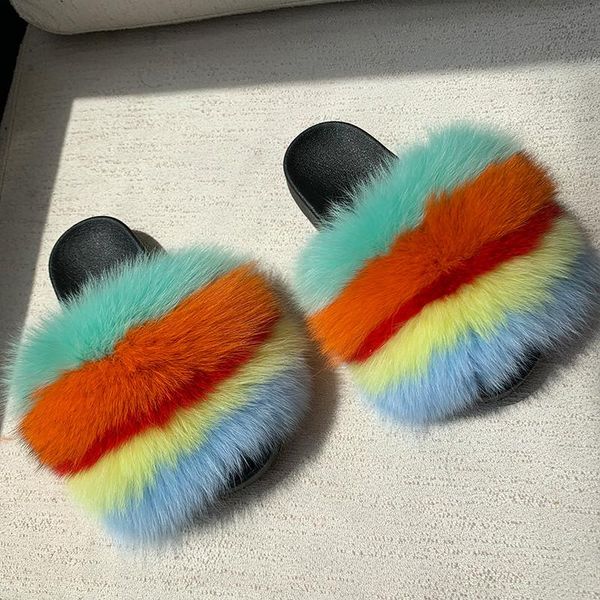 

women's colorful real fur slippers female furry slides girl's luxury sandals ladies fluffy flip flops cute shoes large size, Black