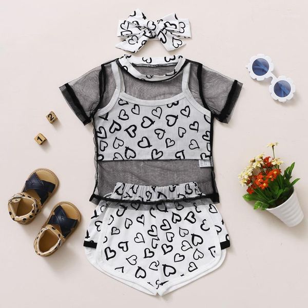 

suit toddler summer fashion baby girls print short sleeve o-neck hearts printed vest+shorts sports high waist coat outfits clothing set, White
