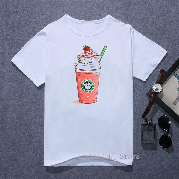 

cute cat strawberry ice cream men t shirts print funny vogue femme korean style clothes white female streetwear, White;black