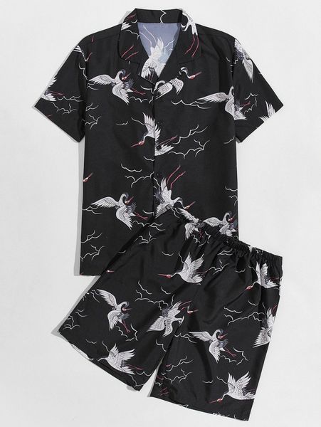 

men crane print shirt with track shorts s0lr#, Gray