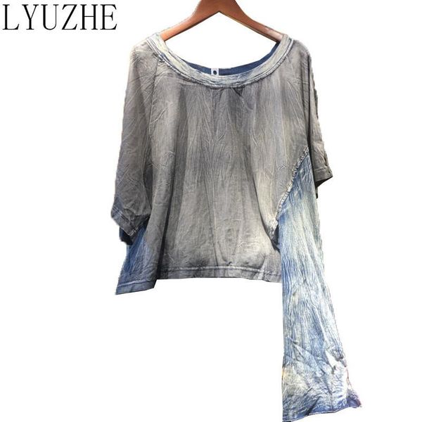 

women's t-shirt lyuzhe vintage summer irregular women 2021 patchwork denim o-neck female short sleeve black qdy156, White