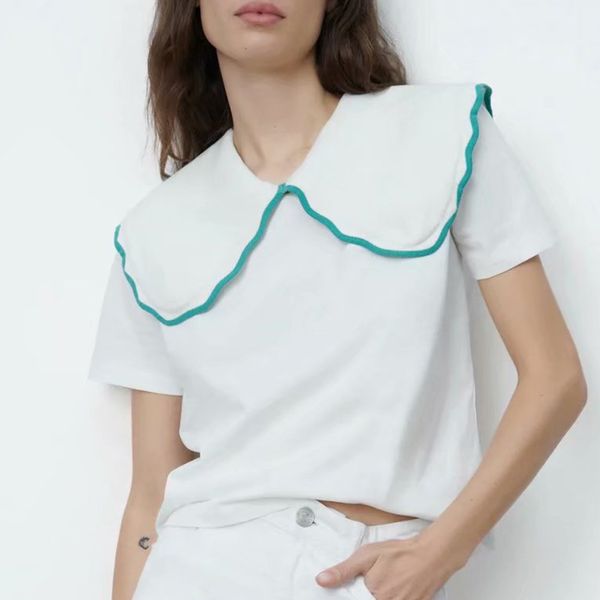 

za women tees summer short sleeve peter pan collar loose t-shirt solid printed chic 210422, White