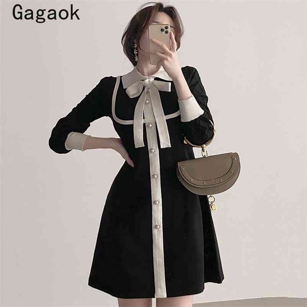 

women knit dress spring autumn patchwork office lady empire bow mini dresses korean chic fashion wild vestidos 210531, Black;gray