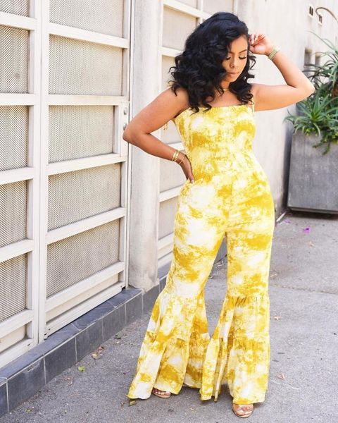 

women's jumpsuits & rompers omsj elegant womens yellow tie dye printed fashion wide leg pants 2021 summer casual sleeveless bow lace-up, Black;white