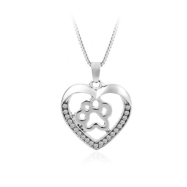 

pendant necklaces lucky footprint love heart animal pet dog zircon necklace woman mother girl gift wedding blessing jewelry, Silver