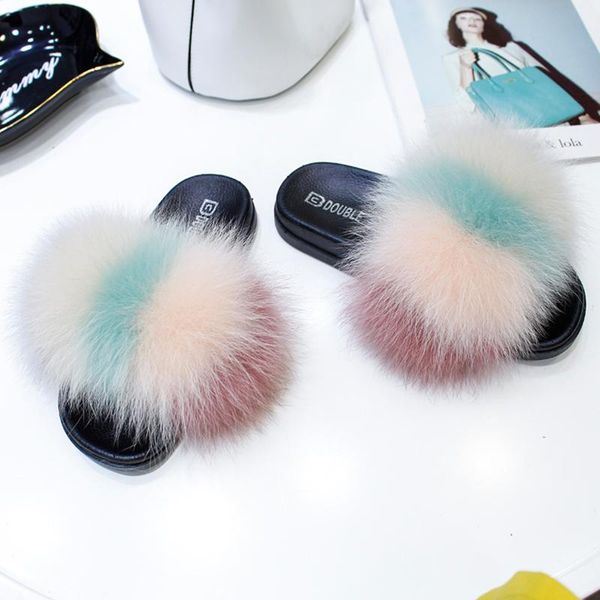 

slippers genuine furry platform slides flat heels creepers sandals fur hair loafers outside home plush colorful shoes woman, Black
