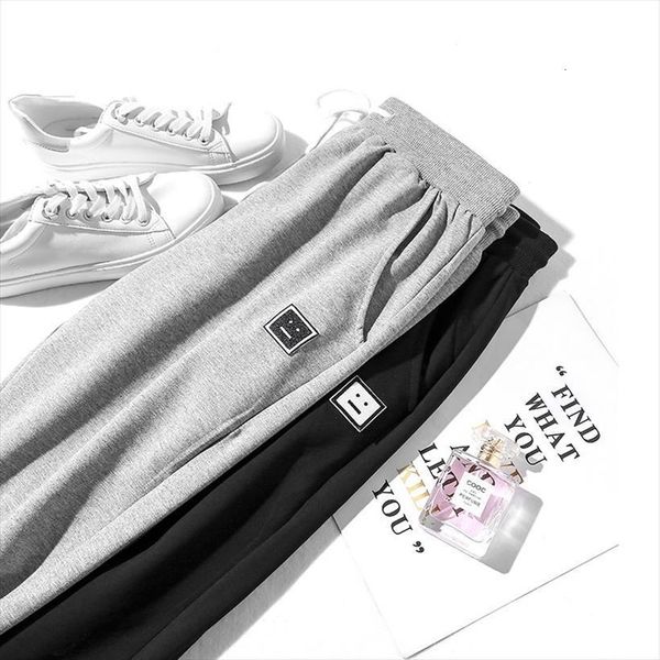 

summer korean decoration calf length women capri drawstring elastic waist loose plus size for sport casual trouser, Black;white