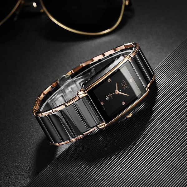 

wristwatches oupai 2021 arrival simple rectangle business black ceramic watch men antique rose golden luxury elegant waterproof, Slivery;brown