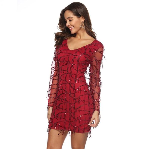 

casual dresses 1920s vintage tassel long sleeve sequins dress women v neck bodycon spring summer elegant party vestidos, Black;gray