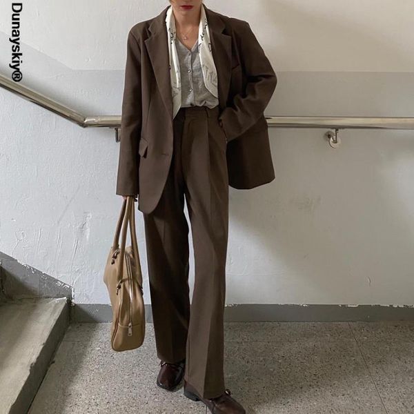 

women's two piece pants 2021 fashion vintage blazer suit ol elegant business wear blazers + high waist wide leg suits 2 set, White