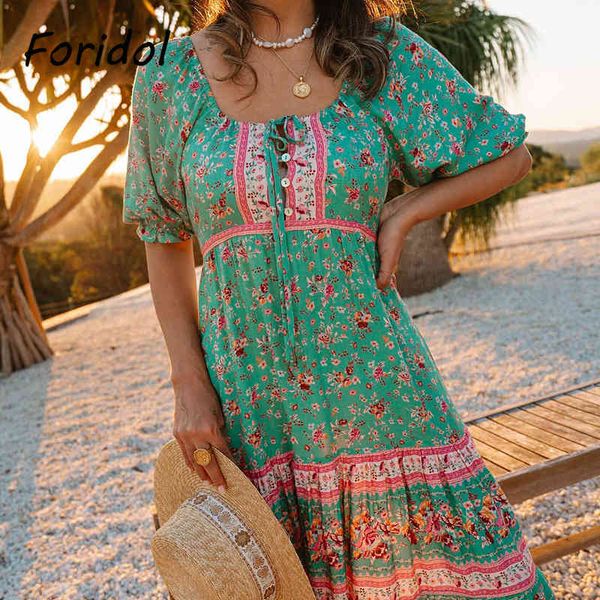 Blumendruck Bohemian Langes Sommerkleid Damen Vintage Baumwolle Maxikleid Strandurlaub Grün Boho Kleid Schärpe 210415