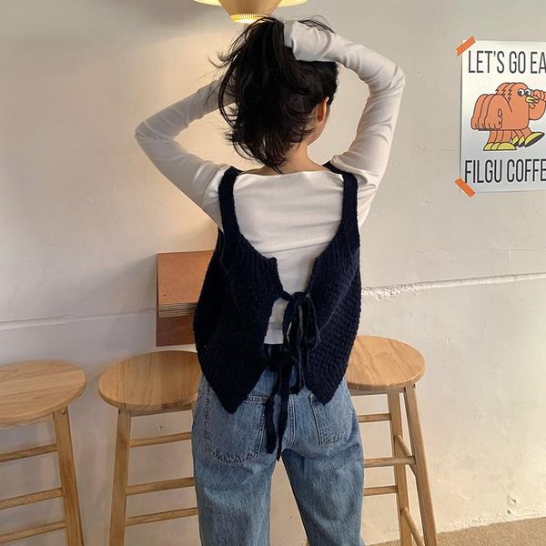 

women's blouses & shirts sweet girlish back lace-up knitted vest, White