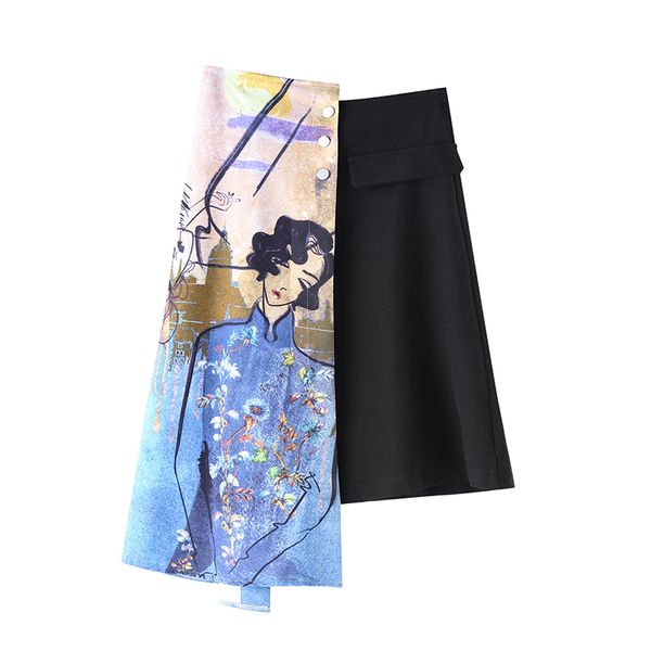 [EWQ] T-shirt da donna sottile a rete elasticizzata con stampa farfalla nera a vita alta stile giapponese gonna con stampa all-amtch primavera 210423