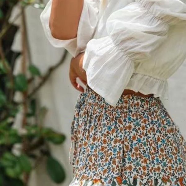 

hippie summer womens shorts beach wear floral printed high waist elastic vintage short feminino loose casual boho women, White;black