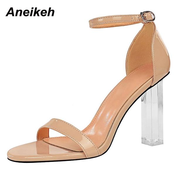 

dress shoes aneikeh2021 fashion summer solid pu high heel classics women sandals shallow open toe buckle strap sapatos das mulheres, Black