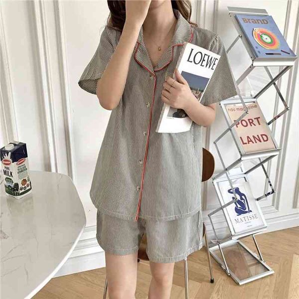 

couples men summer pajamas womens sleepwears set short sleeve striped home suit blouse pijamas shorts 2 piece clothes y399, Black;red