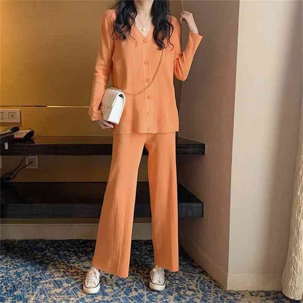 

loose solid knitwear two-piece suit for women slim side slit single breasted v-neck knitted cardigan + casual wide leg pants 210522, White