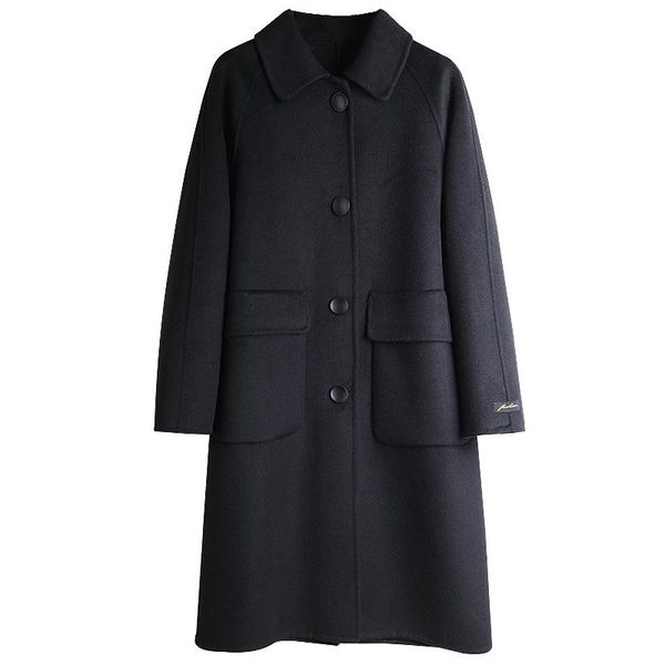 

women's wool & blends 2021 and winter temperament hand-stitched double-sided solid color straight mid-length loose woolen coat women b1, Black