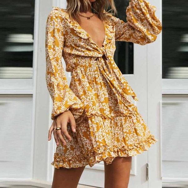 

casual dresses fashion long-sleeved mini for women 2021 autumn deep v neck lace-up pullover ruffle stitching short dress femme, Black;gray