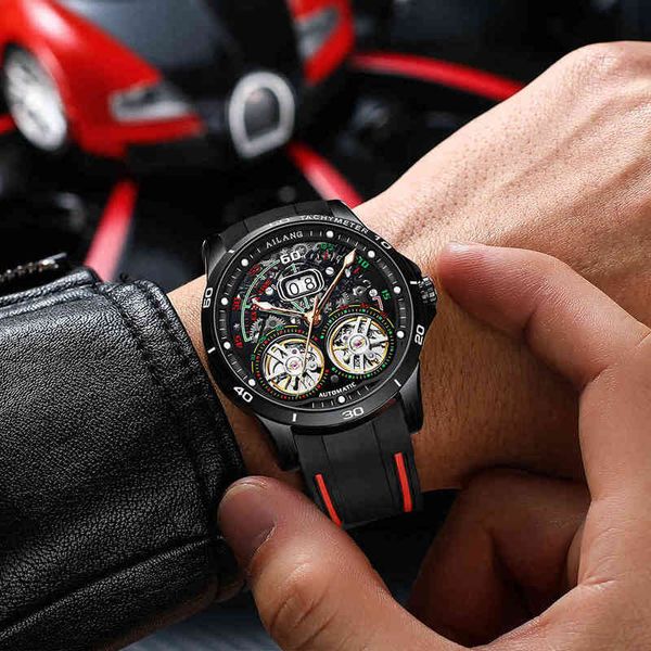 

holle-out automatic ailang mechanical original watches men's tours clock gentlemen's double big calendar reloj hombre, Slivery;brown