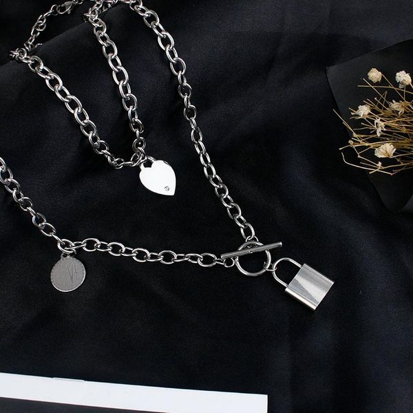 

pendant necklaces 2021 fashion multilayer hip hop stainless steel long chain necklace women men's jewelry gift lock accessories, Silver