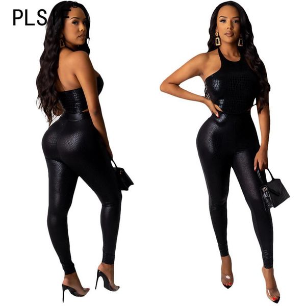 

two piece dress ladies black clothes set sleeveless backless crop + pu leather skinny pants 2 clubwear, White